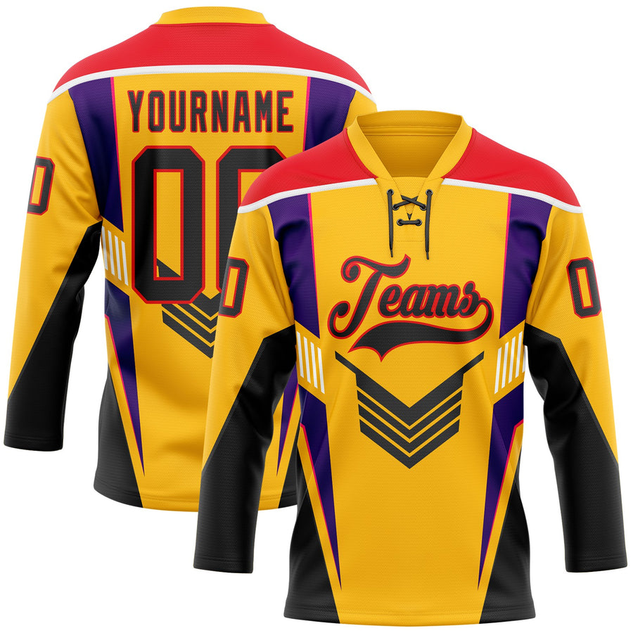 Custom Gold Black Fire Red Purple-White Abstract Pattern Graphic Cyber Mecha E-sport Hockey Lace Neck Jersey