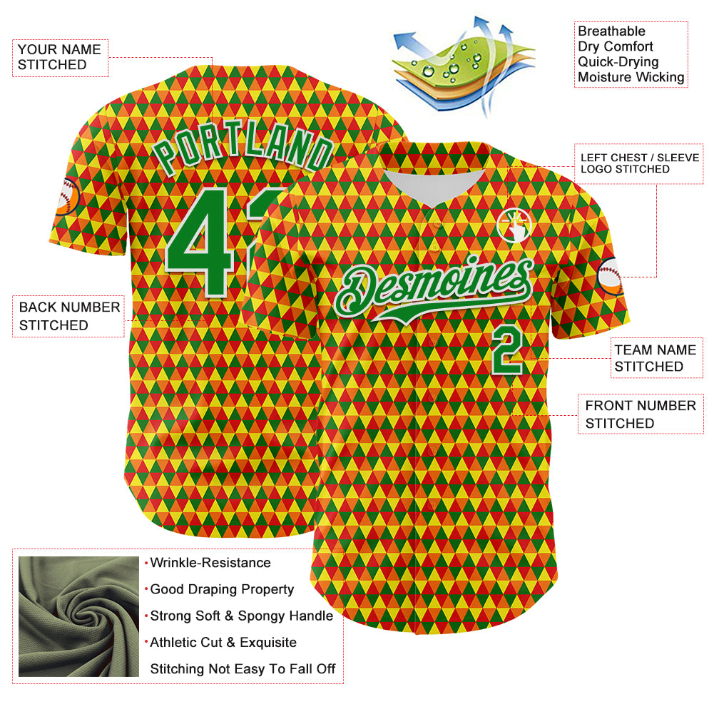 Custom Yellow Grass Green Red-White 3D Pattern Design Black History Month Abstract Geometric Authentic Baseball Jersey