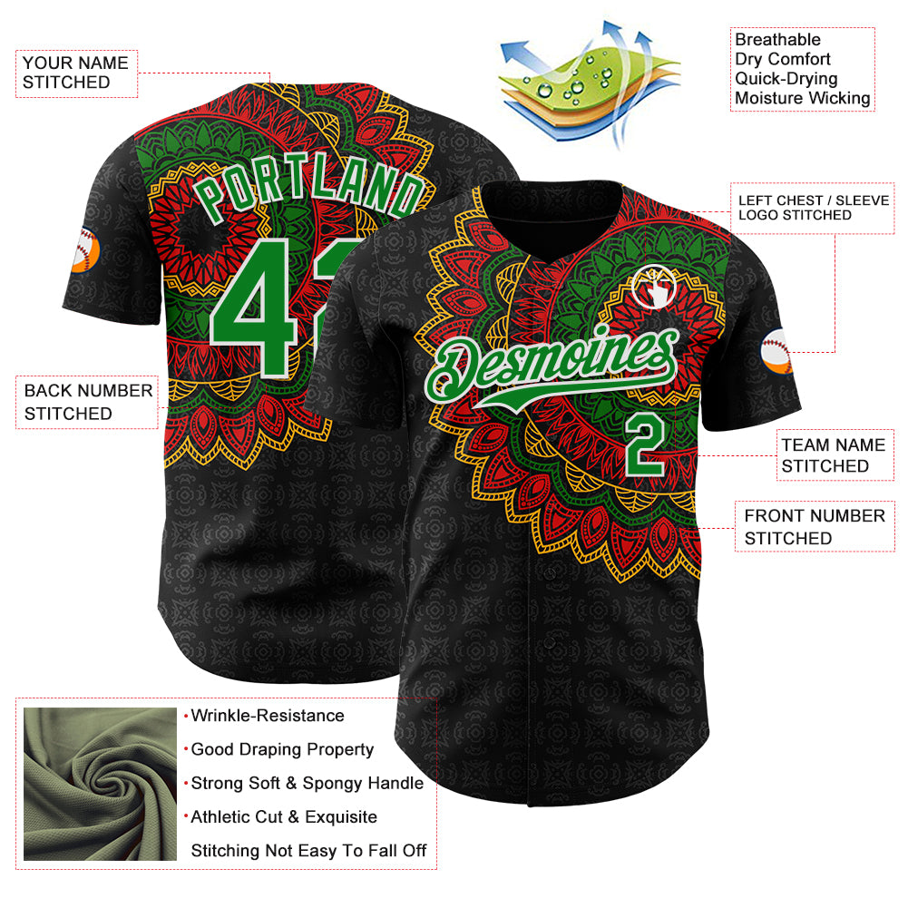 Custom Black Grass Green Red Yellow-White 3D Pattern Design Black History Month African Ethnicity Style Authentic Baseball Jersey