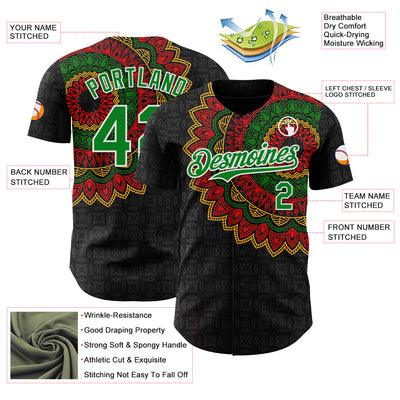 Custom Black Grass Green Red Yellow-White 3D Pattern Design Black History Month African Ethnicity Style Authentic Baseball Jersey