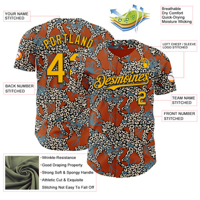 Custom Texas Orange Gold-Black 3D Pattern Design Black History Month Animal Leopard Authentic Baseball Jersey