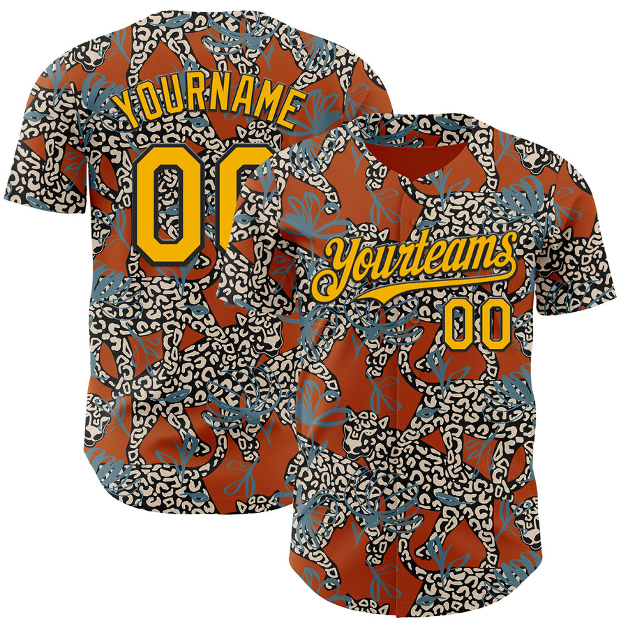 Custom Texas Orange Gold-Black 3D Pattern Design Black History Month Animal Leopard Authentic Baseball Jersey