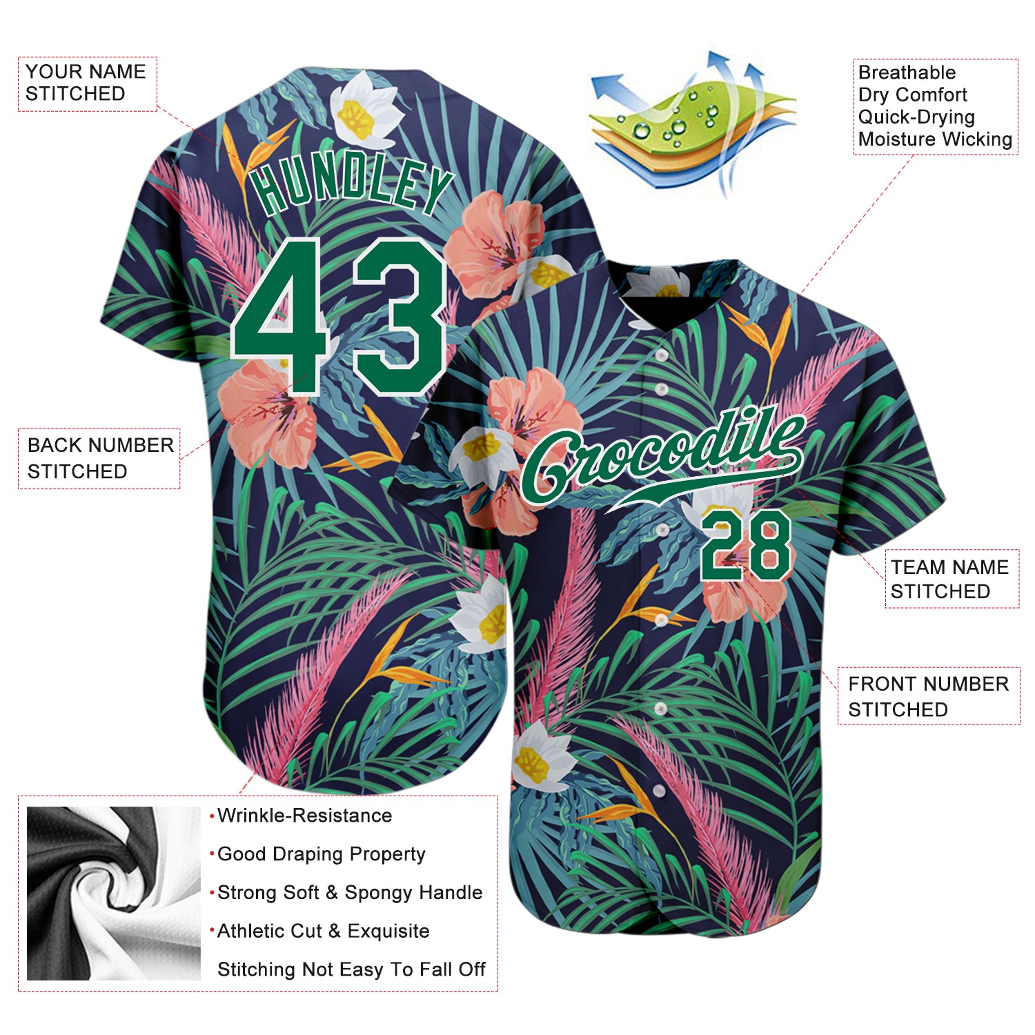 Custom Black Kelly Green-White 3D Pattern Design Hawaii Palm Leaves And Flowers Authentic Baseball Jersey
