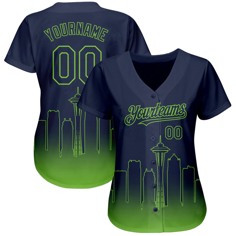 Custom Navy Neon Green 3D Seattle City Edition Fade Fashion Authentic Baseball Jersey