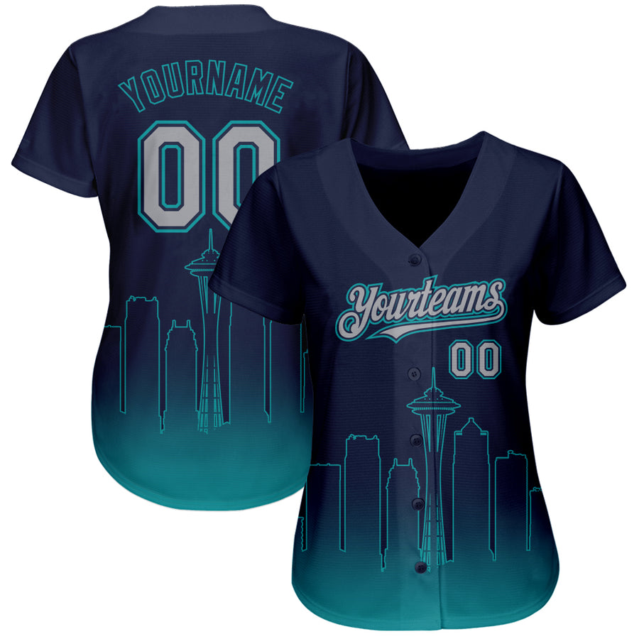Custom Navy Gray-Teal 3D Seattle City Edition Fade Fashion Authentic Baseball Jersey