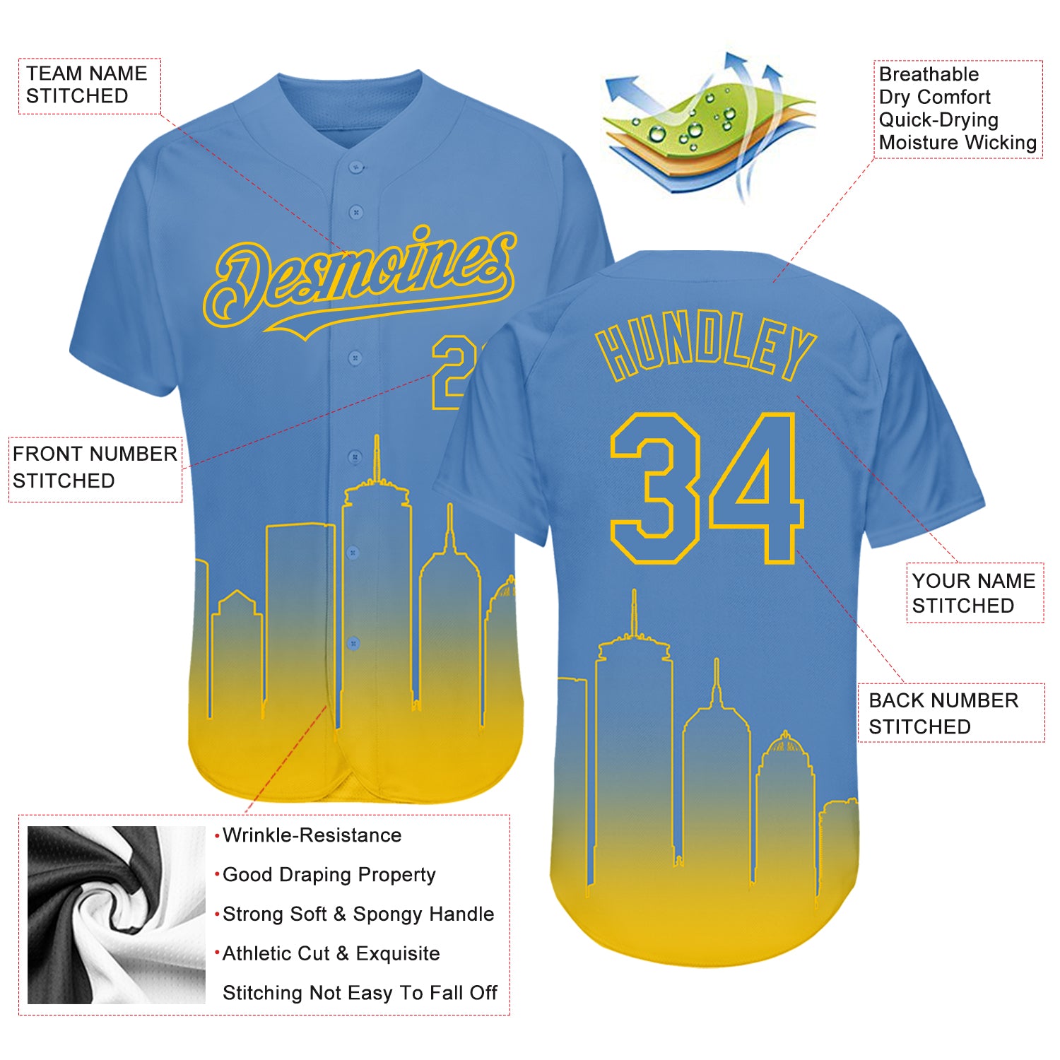 Custom Baseball Jersey Light Blue Yellow 3D Boston City Edition Fade Fashion Authentic Women's Size:L