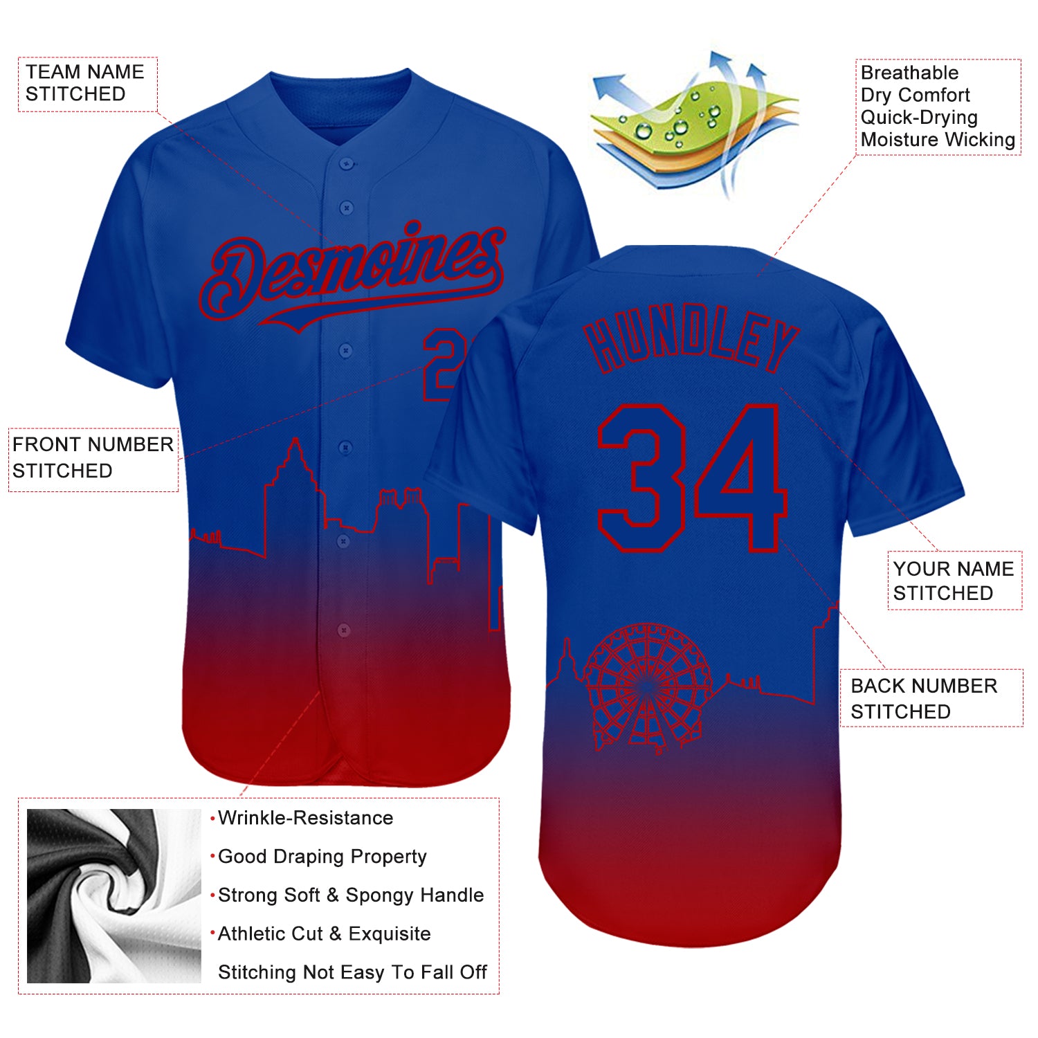 Custom Royal Red 3D Atlanta City Edition Fade Fashion Authentic Baseball Jersey