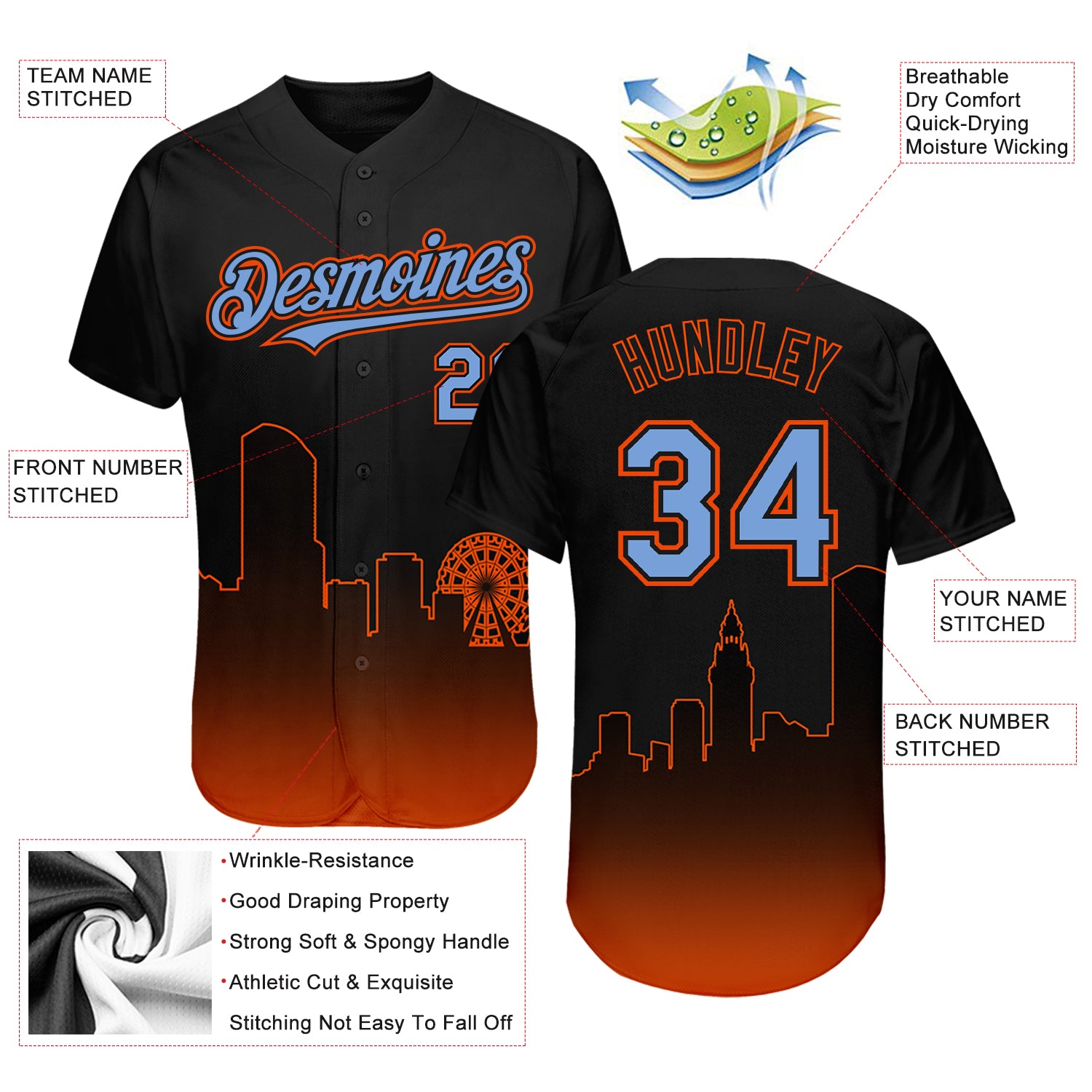 Custom Black Powder Blue-Orange 3D Miami City Edition Fade Fashion Authentic Baseball Jersey
