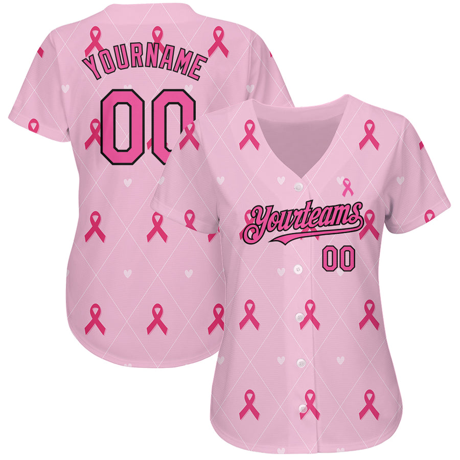 Custom Pink Black 3D Pink Ribbon Breast Cancer Awareness Month Women Health Care Support Authentic Baseball Jersey