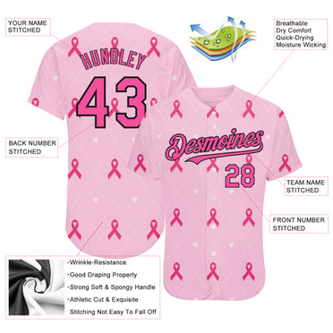 Custom Pink Black 3D Pink Ribbon Breast Cancer Awareness Month Women Health Care Support Authentic Baseball Jersey