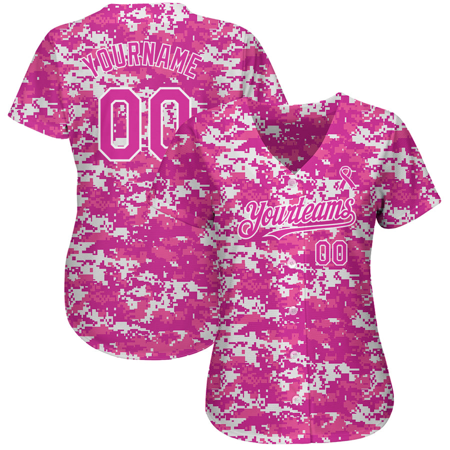 Custom Camo Deep Pink-Black 3D Pink Ribbon Breast Cancer Awareness Month Women Health Care Support Authentic Baseball Jersey