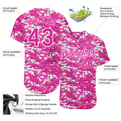 Custom Pink Ribbon Baseball Jersey Camo Deep Pink-Black 3D Breast