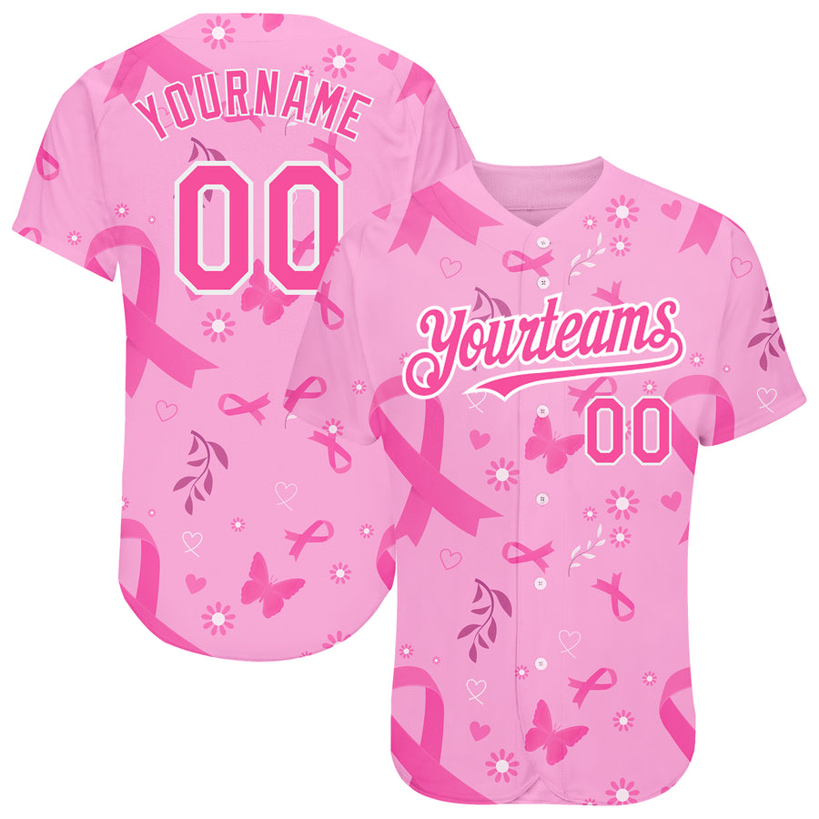 Custom Pink White 3D Pink Ribbon Breast Cancer Awareness Month Women Health Care Support Authentic Baseball Jersey