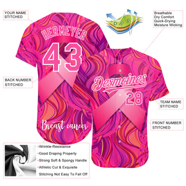 Custom Pink-White 3D Pink Ribbon Breast Cancer Awareness Month Women Health Care Support Authentic Baseball Jersey