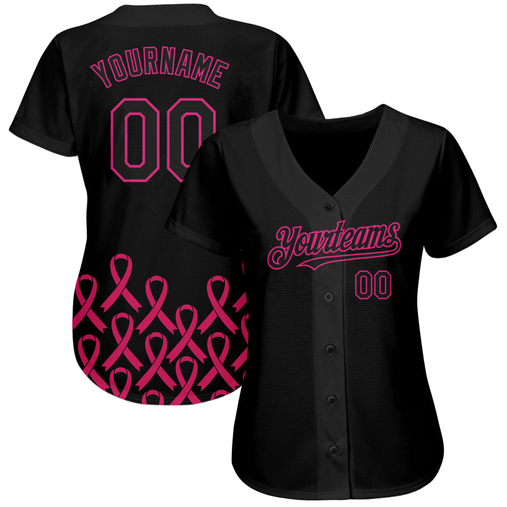 Custom Pink Ribbon Baseball Jersey Black Hot Pink 3D Breast Cancer