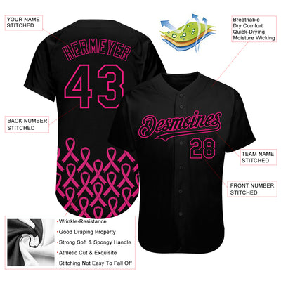 Custom Black Hot Pink 3D Pink Ribbon Breast Cancer Awareness Month Women Health Care Support Authentic Baseball Jersey