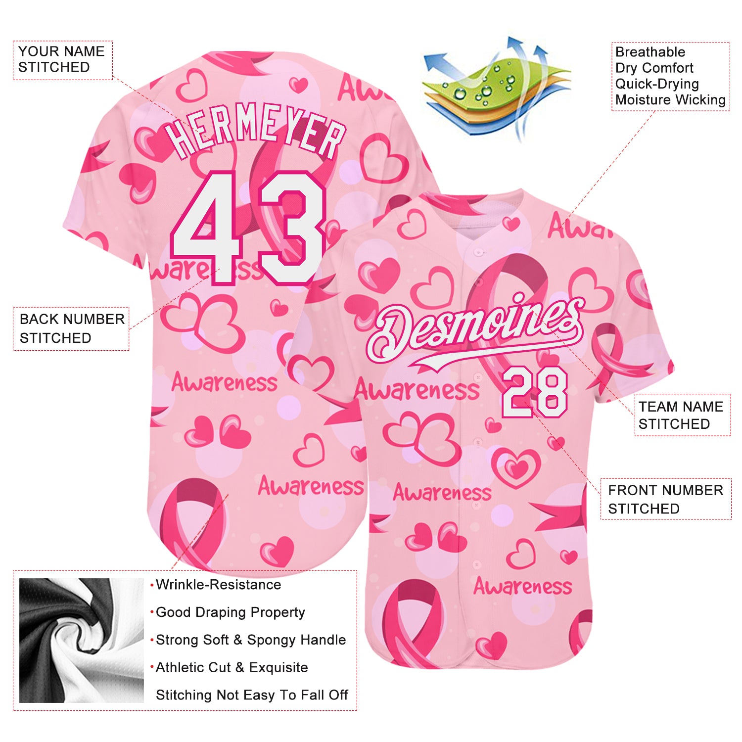 Custom Pink White-Hot Pink 3D Pink Ribbon Breast Cancer Awareness Month Women Health Care Support Authentic Baseball Jersey