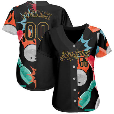Custom Black Old Gold 3D Pattern Design Bowling Authentic Baseball Jersey