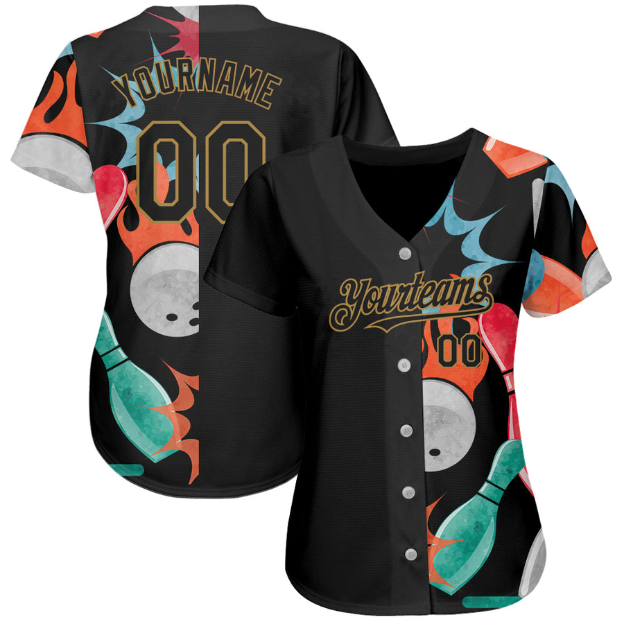 Custom Black Old Gold 3D Pattern Design Bowling Authentic Baseball Jersey