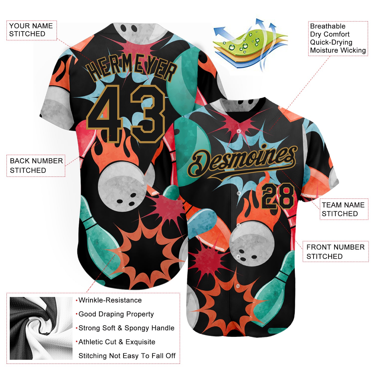 Custom Black Old Gold 3D Pattern Design Bowling Authentic Baseball Jersey