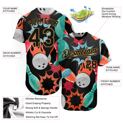 Custom Black Old Gold 3D Pattern Design Bowling Authentic Baseball Jersey