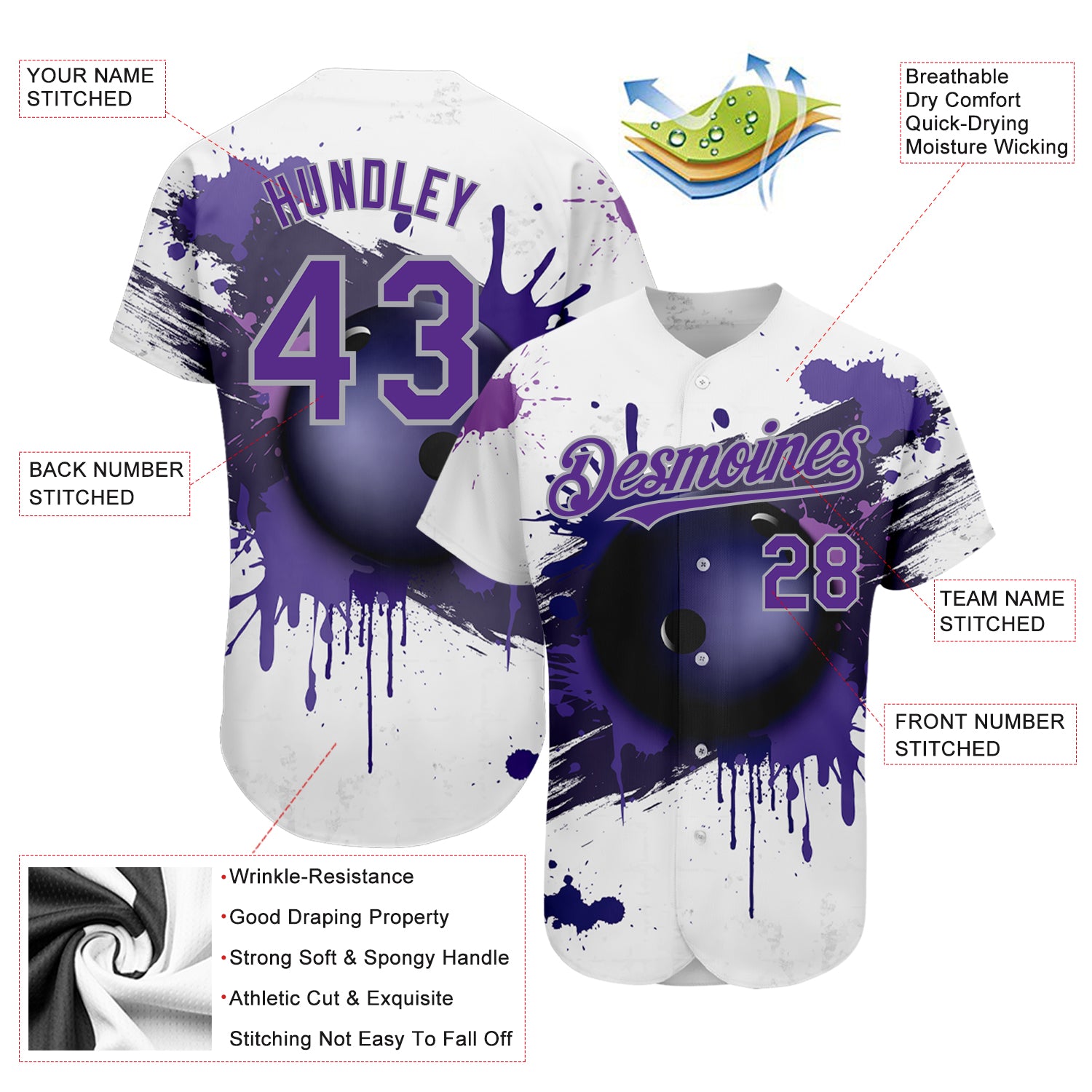 Custom Baseball Jersey White Purple-Gray 3D Pattern Design Bowling Ball Authentic Women's Size:S