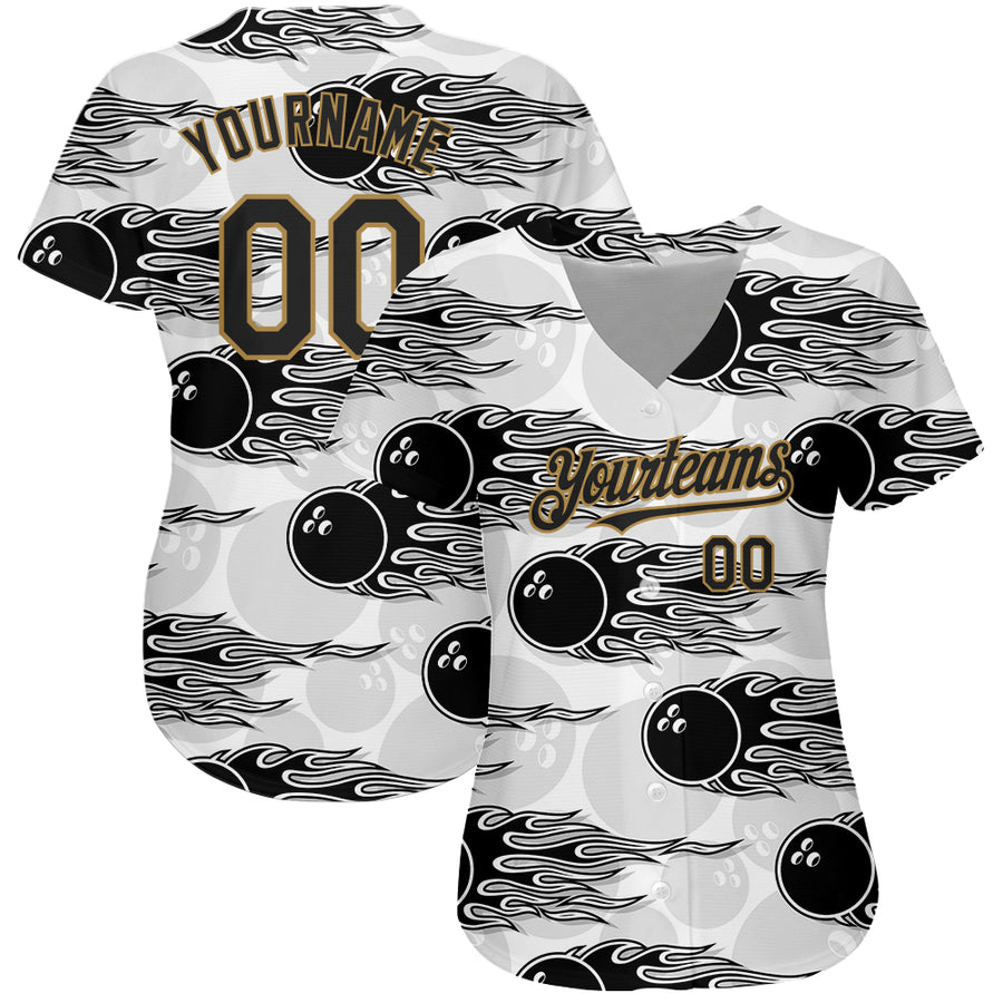 Custom White Black-Old Gold 3D Pattern Design Bowling Ball With Hotrod Flame Authentic Baseball Jersey