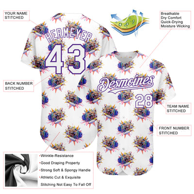 Custom White Purple 3D Pattern Design Growling Lion Among The Bowling Authentic Baseball Jersey