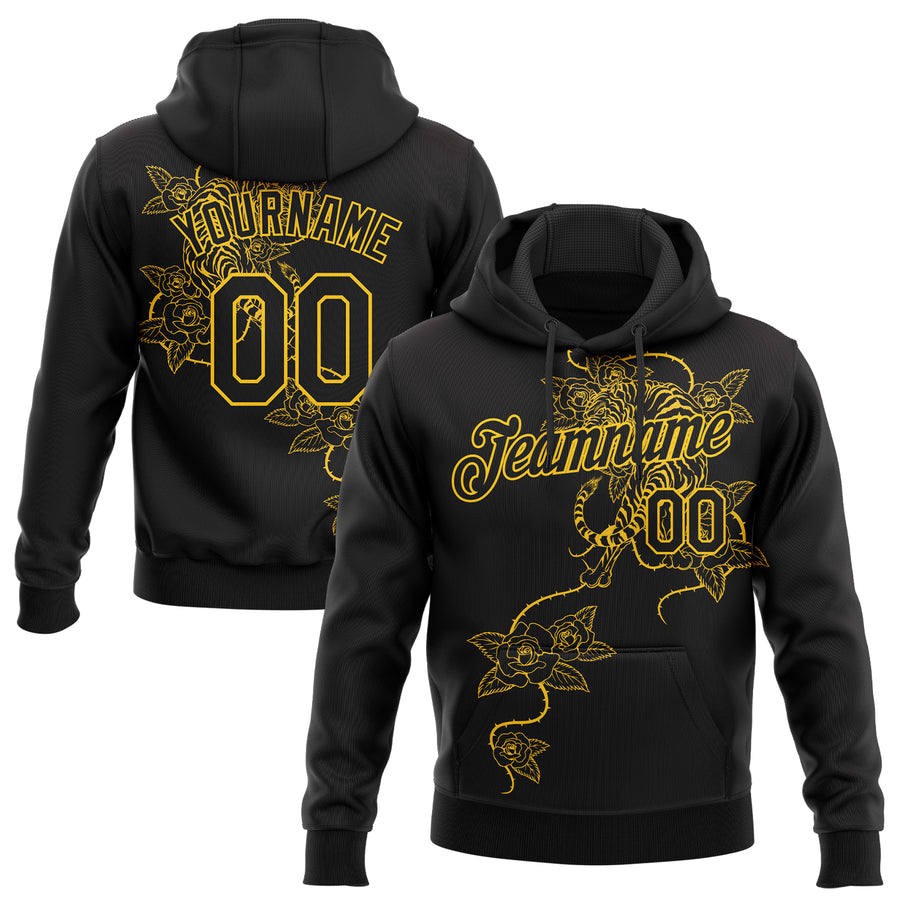 Custom Stitched Black Yellow 3D Pattern Design Tiger And Flower Sports Pullover Sweatshirt Hoodie