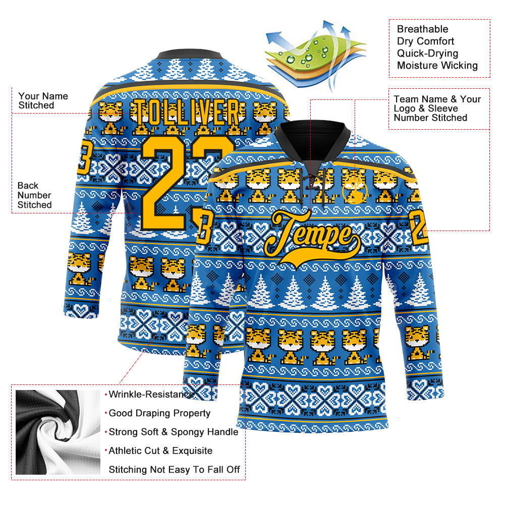 Custom Light Blue Gold-Black Christmas Tree And Tiger 3D Hockey Lace Neck Jersey