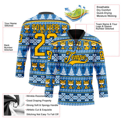 Custom Light Blue Gold-Black Christmas Tree And Tiger 3D Hockey Lace Neck Jersey