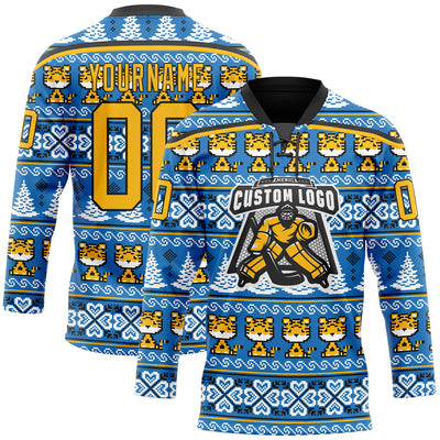 Custom Light Blue Gold-Black Christmas Tree And Tiger 3D Hockey Lace Neck Jersey