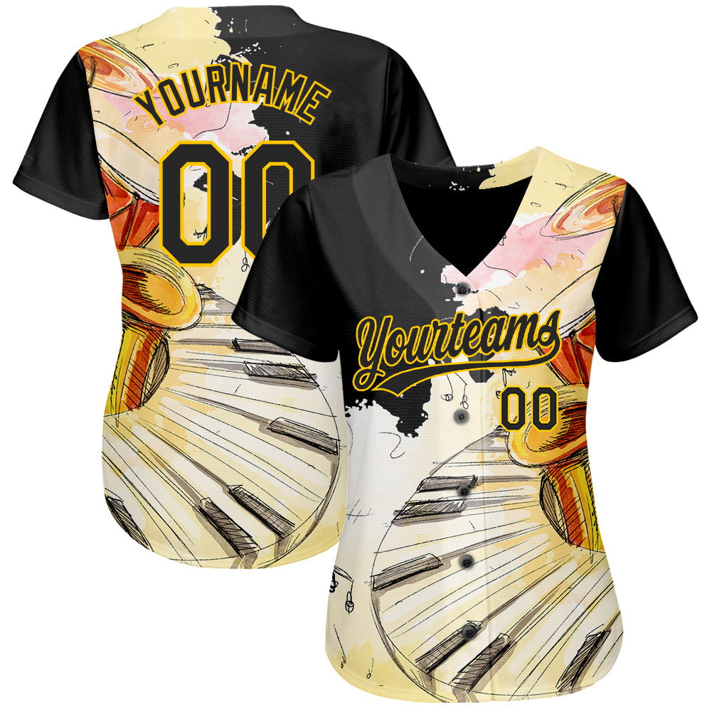 Custom White Black-Yellow 3D Pattern Design Music Festival Watercolor International Jazz Day Authentic Baseball Jersey