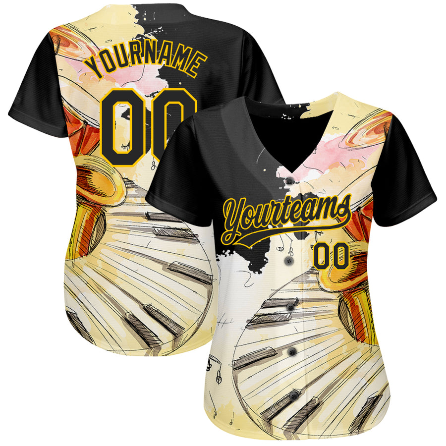 Custom White Black-Yellow 3D Pattern Design Music Festival Watercolor International Jazz Day Authentic Baseball Jersey