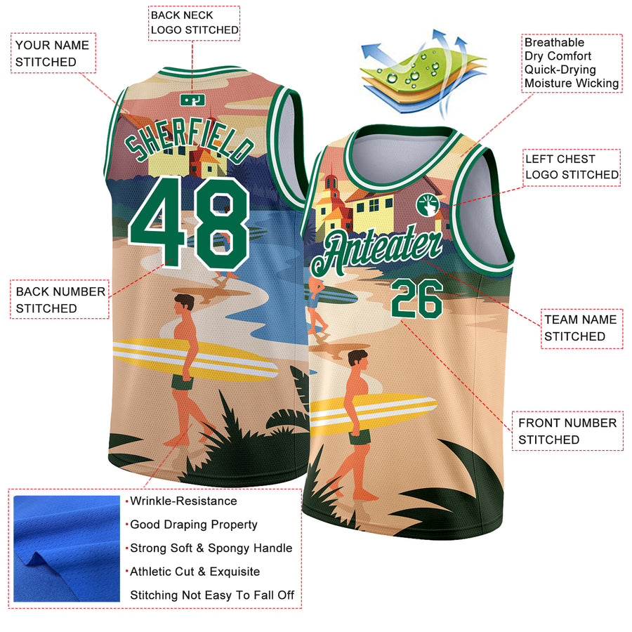 Custom Sand Kelly Green-White 3D Pattern Tropical Beach Hawaii Palm Trees Authentic Basketball Jersey