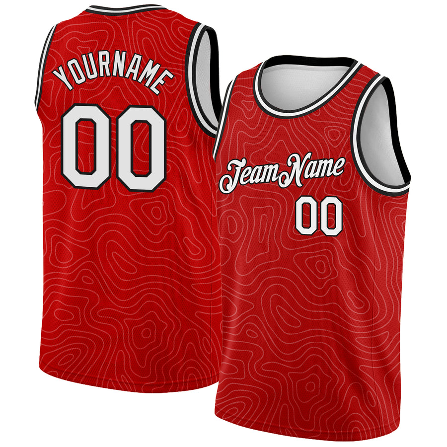 Custom Red White-Black Rounded Zigzag Lines Authentic City Edition Basketball Jersey