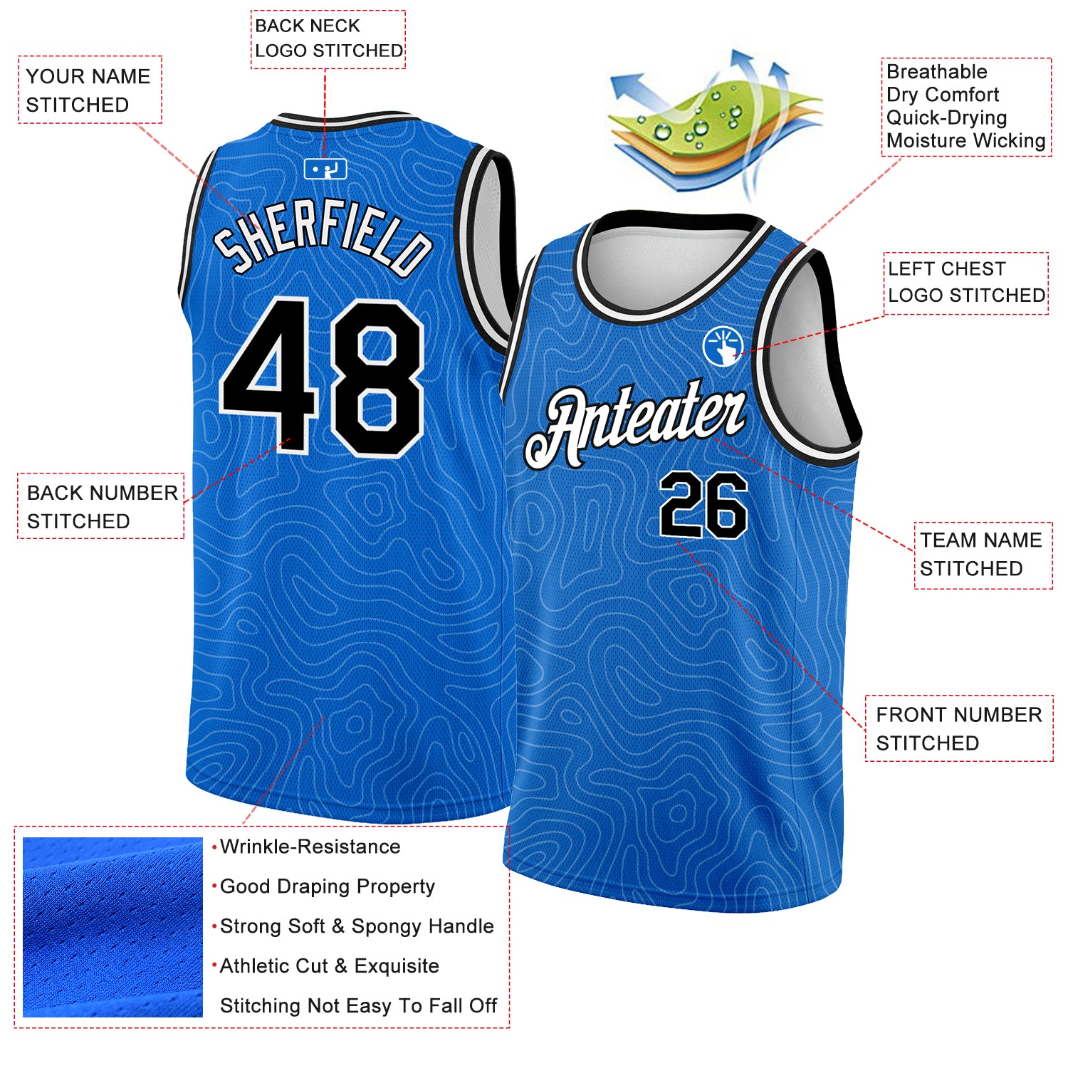 Custom Blue Black-White Rounded Zigzag Lines Authentic City Edition Basketball Jersey