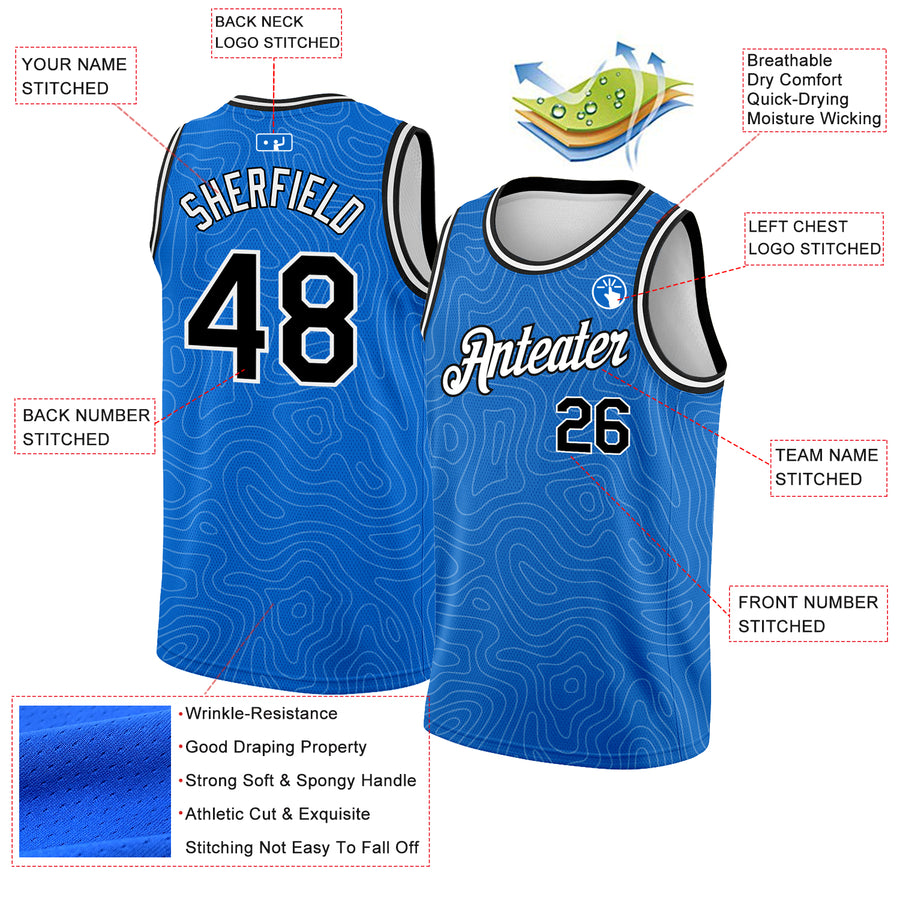 Custom Blue Black-White Rounded Zigzag Lines Authentic City Edition Basketball Jersey
