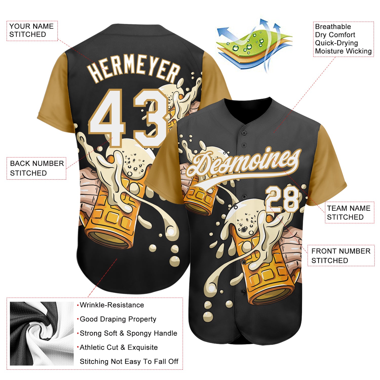 Custom Black White-Old Gold 3D Pattern Design Beer Festival Authentic Baseball Jersey