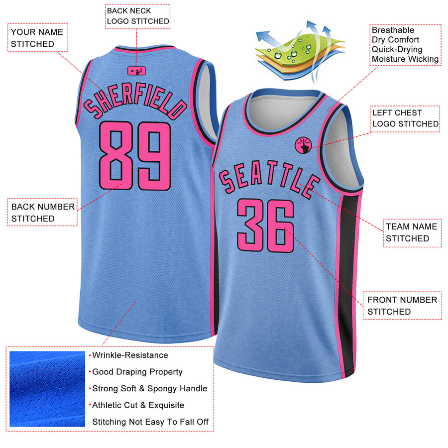 Custom Light Blue Pink-Black Flower Authentic City Edition Basketball Jersey