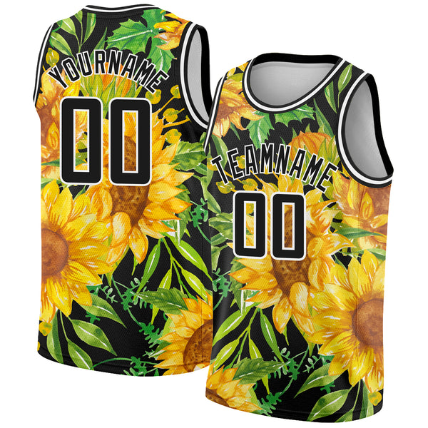 Custom Black Gold-White 3D Pattern Design Sunflowers Authentic Basketball Jersey
