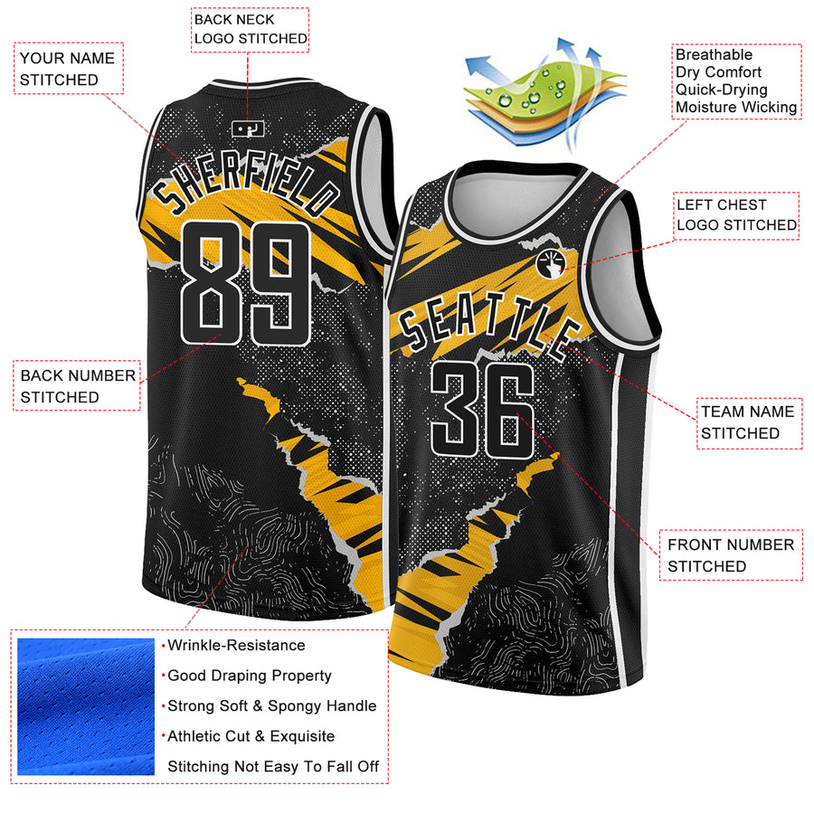 Custom Black Gold-White 3D Pattern Design Torn Paper Style Authentic Basketball Jersey