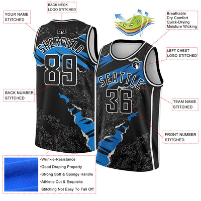Custom Black Blue-White 3D Pattern Design Torn Paper Style Authentic Basketball Jersey