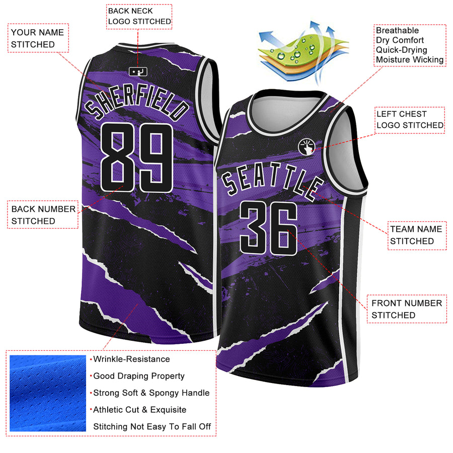 Custom Black Purple-White 3D Pattern Design Torn Paper Style Authentic Basketball Jersey