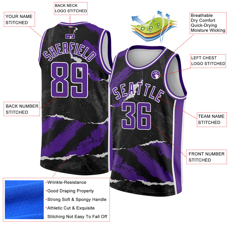 Custom Black Purple-White 3D Pattern Design Torn Paper Style Authentic Basketball Jersey