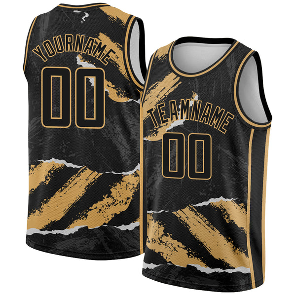 Custom Black Old Gold 3D Pattern Design Torn Paper Style Authentic Basketball Jersey