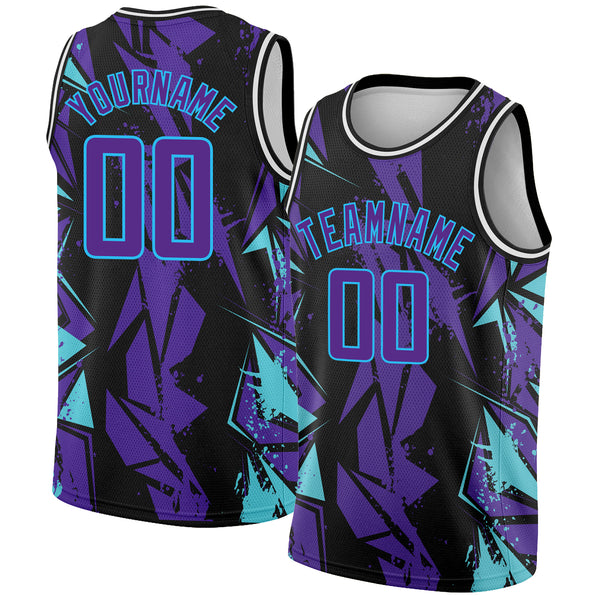 Custom Black Purple-Sky Blue 3D Pattern Design Geometric Shapes Authentic Basketball Jersey