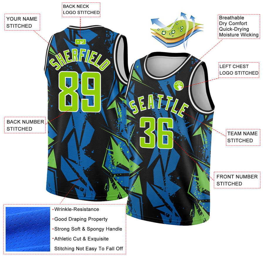 Custom Black Neon Green-Blue 3D Pattern Design Geometric Shapes Authentic Basketball Jersey