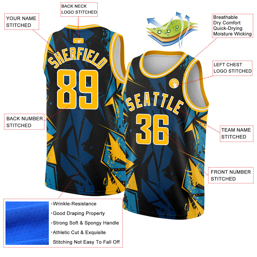 Custom Black Gold-Blue 3D Pattern Design Geometric Shapes Authentic Basketball Jersey