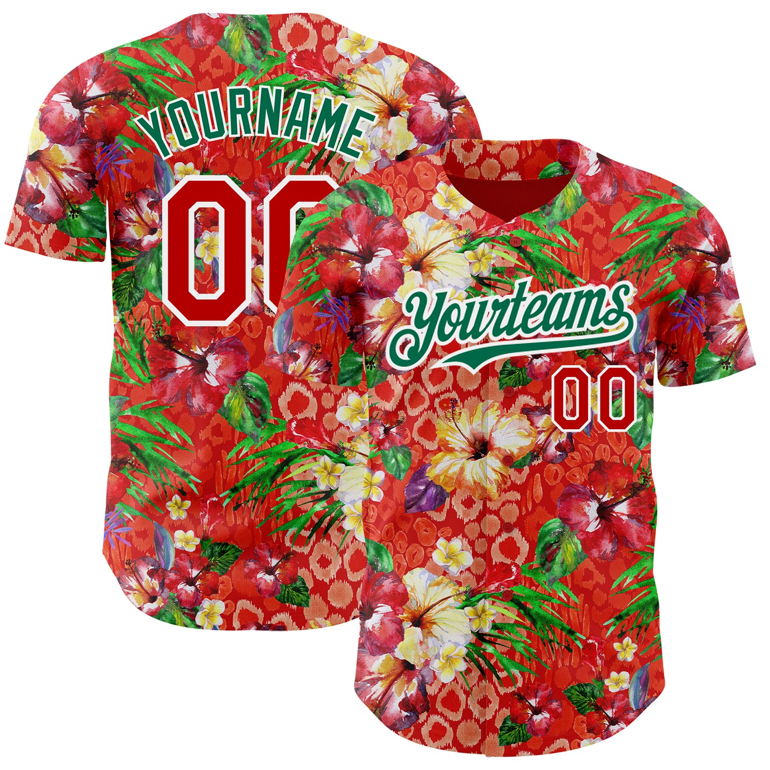 Custom Red Kelly Green-White 3D Pattern Design Northeast China Big Flower Authentic Baseball Jersey